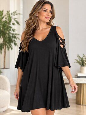 MSK Women Black Dress 1X Plus Size Cold Shoulder Lattice Sleeve V Neck Swing